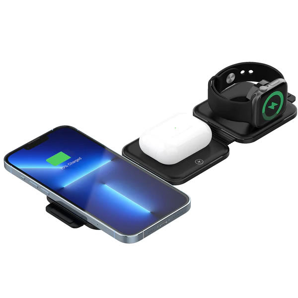 3-in-1 foldable magnetic wireless charger unfolded with phone, AirPods and watch