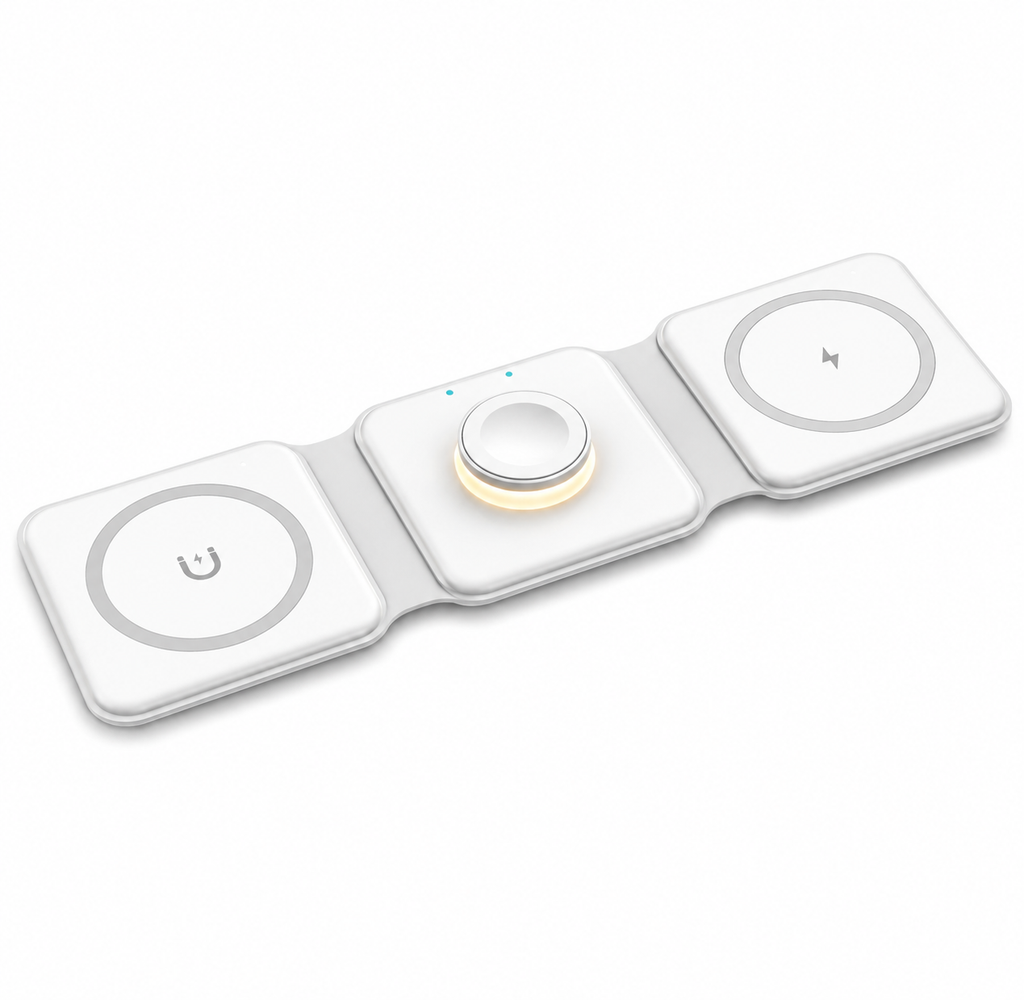 3-in-1 foldable magnetic wireless charger in white, unfolded