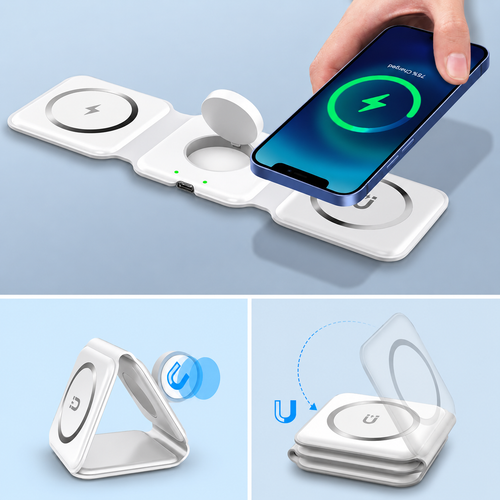 White foldable charger charging a phone, stand mode and magnetic fold