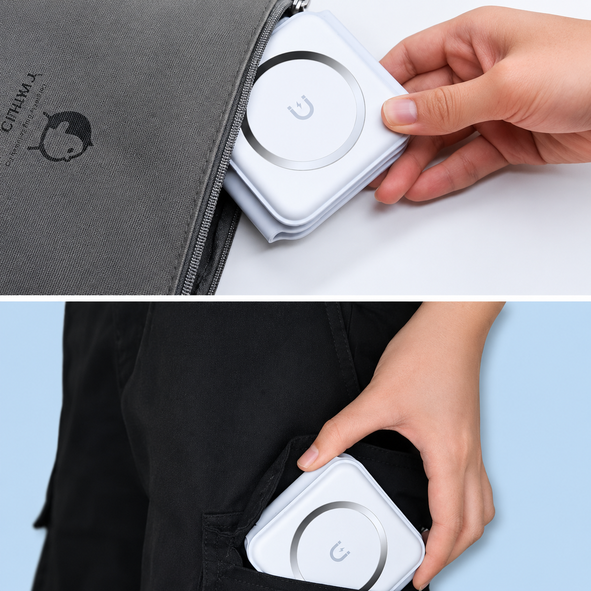 White charger folded into a bag and pocket